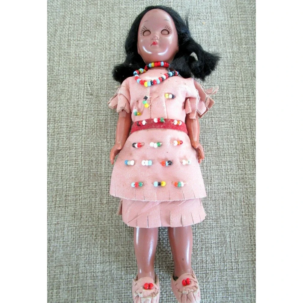 American Indian Girl Vintage Doll with Sleep Eyes Beading Moccasins Marked 7A